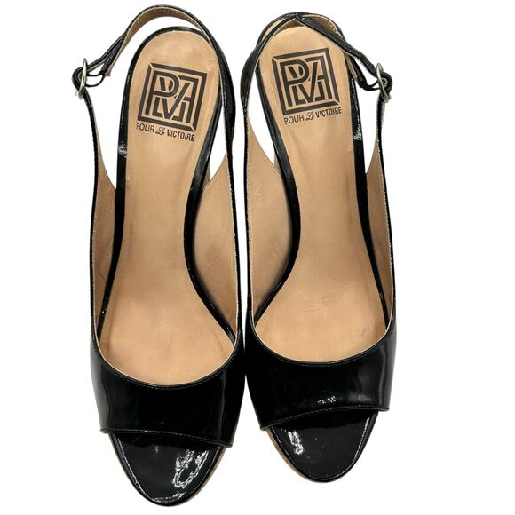 Pour La Victoire Women's Black Catina Patent Leather Wedge Heels Size 9 - Picture 3 of 12